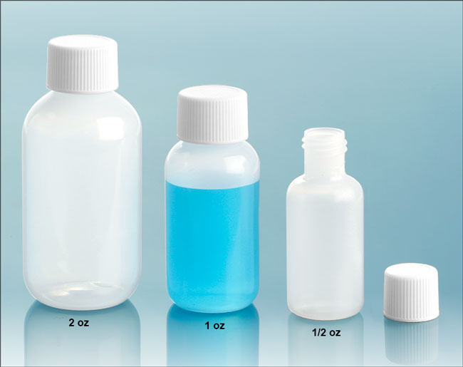 Plastic Laboratory Bottles, Natural LDPE (Soft) Boston Rounds with White Lined Screw Caps