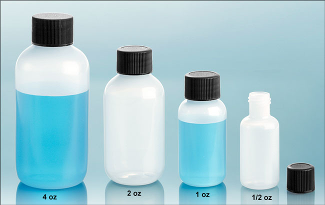 Plastic Laboratory Bottles, Natural LDPE (Soft) Boston Rounds with Black Lined Screw Caps