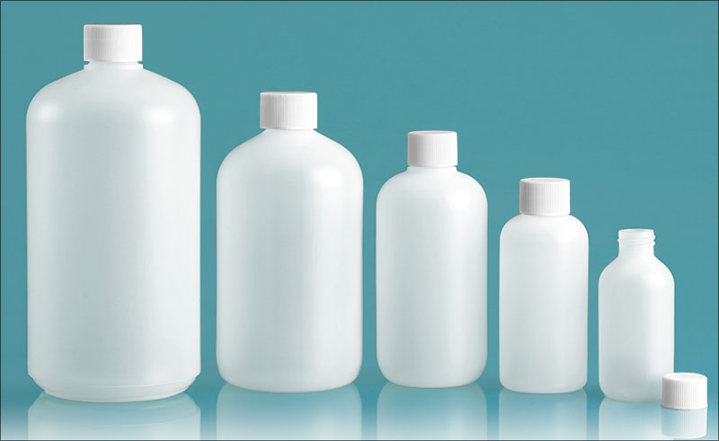 Plastic Lab Bottles, Natural HDPE Boston Rounds w/ White Lined Caps