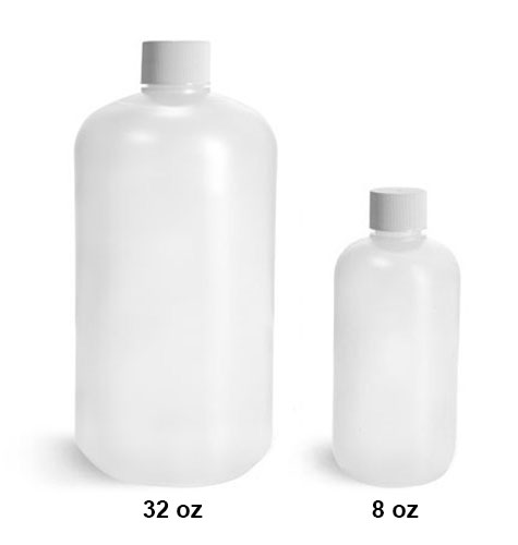 Plastic Laboratory Bottles, Natural HDPE Boston Rounds w/ White Lined Screw Caps