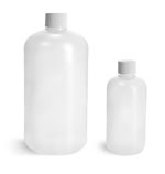 Plastic Lab Bottles, Natural HDPE Boston Rounds w/ White Lined Caps