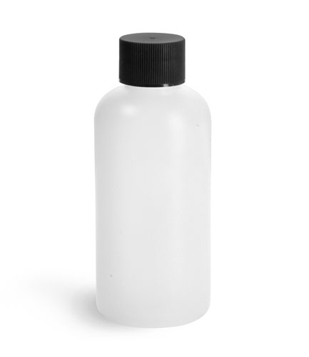 Plastic Lab Bottles Natural HDPE Boston Rounds w/ Black Caps
