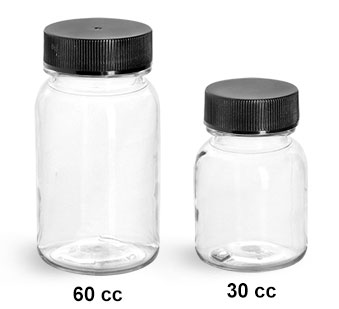 Plastic Laboratory Bottles, Clear PET Wide Mouth Rounds w/ Black PE Lined Caps