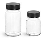 Plastic Lab Bottles, Clear PET Wide Mouth Rounds w/ Black Caps