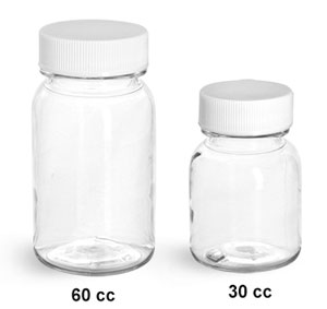 Plastic Laboratory Bottles, Clear PET Wide Mouth Rounds w/ White PE Lined Caps