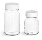 Plastic Lab Bottles, Clear PET Wide Mouth Rounds w/ White Caps