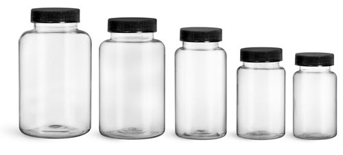 Plastic Laboratory Bottles, Clear PET Wide Mouth Packer Bottles w/ Black Ribbed PE Lined Caps