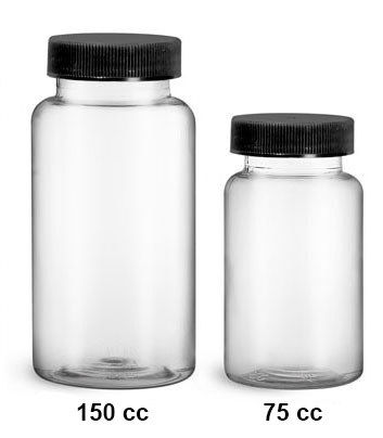 Plastic Laboratory Bottles, Clear PET Wide Mouth Packer Bottles w/ Black Ribbed PE Lined Caps  