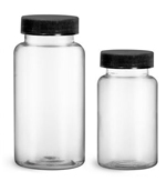 Plastic Laboratory Bottles, Clear PET Wide Mouth Packer Bottles w/ Black Ribbed PE Lined Caps 