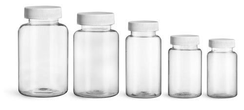 Plastic Laboratory Bottles, Clear PET Wide Mouth Packer Bottles w/ White Ribbed PE Lined Caps