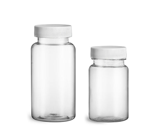 Plastic Laboratory Bottles, Clear PET Wide Mouth Packer Bottles w/ White Ribbed PE Lined Caps 