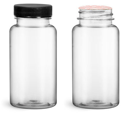 Plastic Laboratory Bottles, Clear PET Wide Mouth Packer Bottles w/ Black Ribbed Induction Lined Caps  