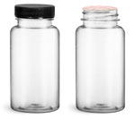 Plastic Laboratory Bottles, Clear PET Wide Mouth Packer Bottles w/ Black Ribbed Induction Lined Caps 
