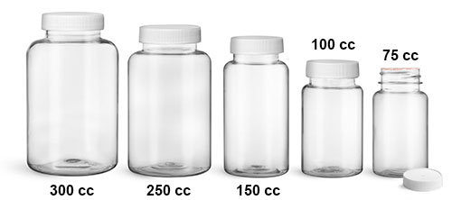 Plastic Laboratory Bottles, Clear PET Wide Mouth Packer Bottles w/ White Ribbed Induction Lined Caps 