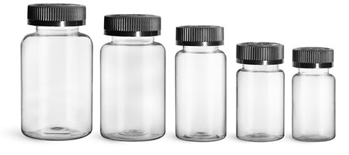 Plastic Laboratory Bottles, Clear PET Wide Mouth Packer Bottles w/ Black Child Resistant Caps
