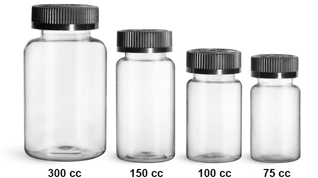 Plastic Laboratory Bottles, Clear PET Wide Mouth Packer Bottles w/ Black Child Resistant Caps 
