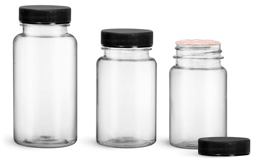 Plastic Laboratory Bottles, Clear PET Wide Mouth Packer Bottles w/ Black Ribbed Induction Lined Caps