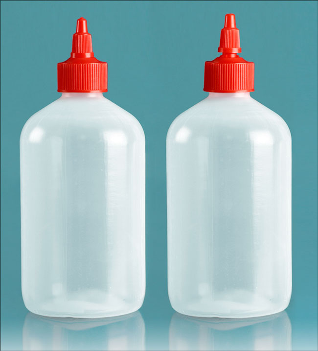 Plastic Laboratory Bottles, Natural Boston Rounds With Red Twist Top Caps  