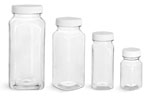 Plastic Lab Bottles, Clear Square PET Bottles w/ White Caps