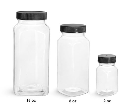 Plastic Laboratory Bottles, Clear Square PET Bottles with Black Ribbed Caps