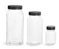 Plastic Lab Bottles, Clear Square PET Bottles w/ Black Caps