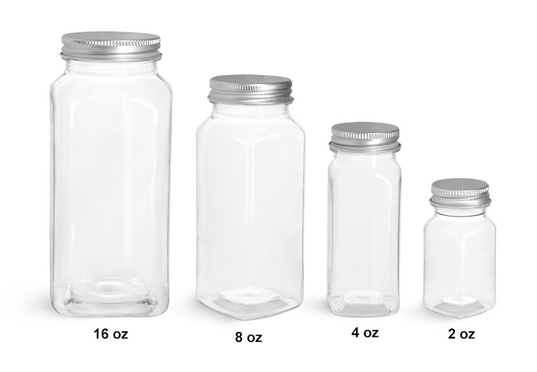 Plastic Bottles, Clear Square PET Bottles w/ Lined Aluminum Caps