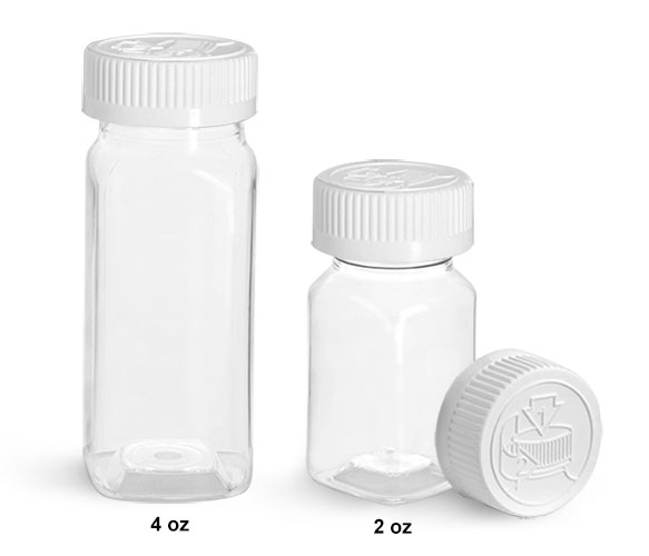 Clear PET Square Bottles w/ Child Resistant Caps