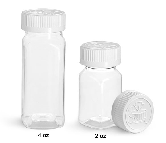 Clear PET Square Bottles w/ Child Resistant Caps