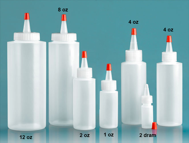 Plastic Laboratory Bottles, Natural LDPE Cylinders w/ Long Tip Spout Caps
