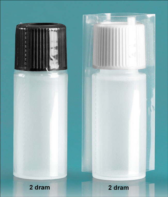 Plastic Laboratory Bottles, Natural LDPE Cylinders w/ Caps & Clear PVC Tamper Evident Shrink Bands