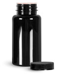 Plastic Laboratory Bottles, 150cc Black PET Wide Mouth Packer Bottles w/ Black Ribbed Induction Lined Caps 