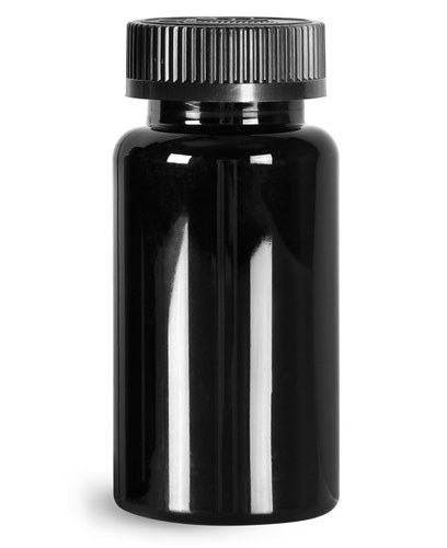 Plastic Laboratory Bottles, 150cc Black PET Wide Mouth Packer Bottles w/ Black Child Resistant Caps 