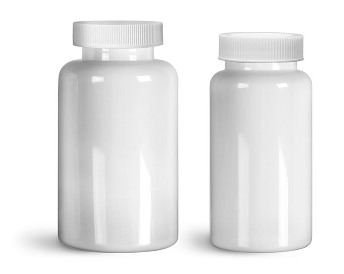Plastic Laboratory Bottles, White PET Wide Mouth Packer Bottles w/ White Ribbed PE Lined Caps 