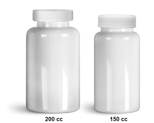 Plastic Laboratory Bottles, White PET Wide Mouth Packer Bottles w/ White Ribbed PE Lined Caps   