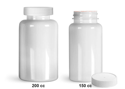 Plastic Laboratory Bottles, White PET Wide Mouth Packer Bottles w/ White Ribbed Induction Lined Caps  
