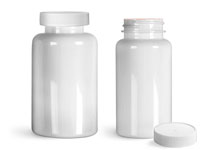 Plastic Laboratory Bottles, White PET Wide Mouth Packer Bottles w/ White Ribbed Induction Lined Caps 