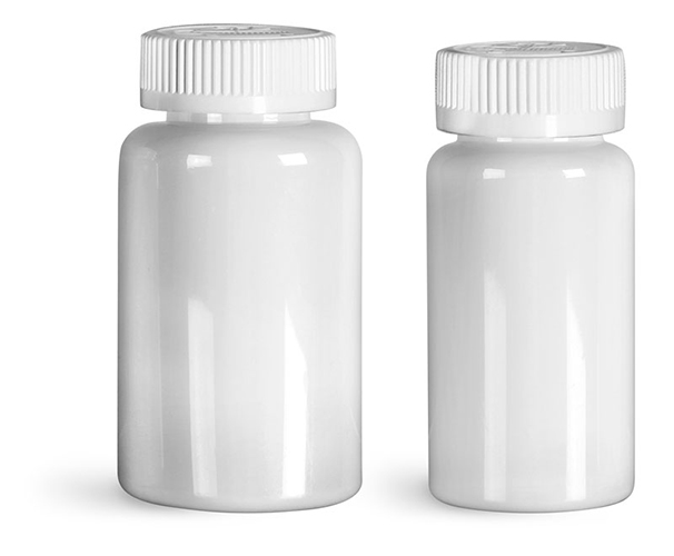 Plastic Laboratory Bottles, White PET Wide Mouth Packer Bottles w/ White Child Resistant Caps  