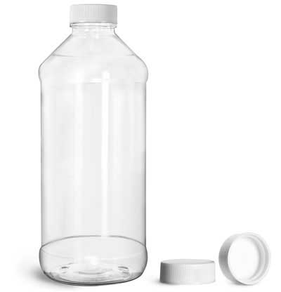 16 oz  Clear PET Modern Round Bottles w/ White Ribbed PE Lined Caps