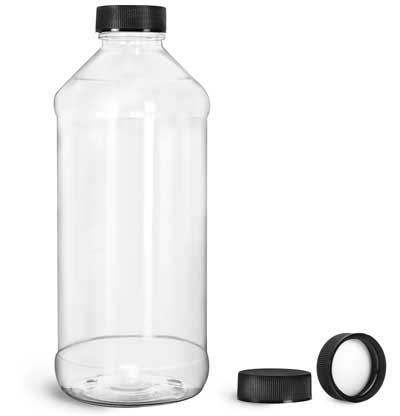 16 oz  Clear PET Modern Round Bottles w/ Black Ribbed PE Lined Caps