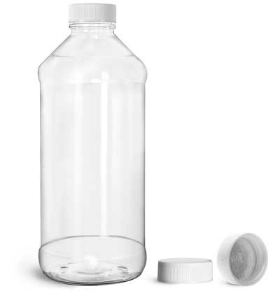 16 oz  Clear PET Modern Round Bottles w/ White Ribbed Induction Lined Caps