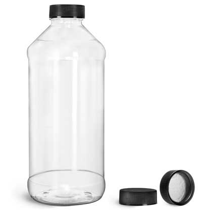 16 oz  Clear PET Modern Round Bottles w/ Black Ribbed Induction Lined Caps
