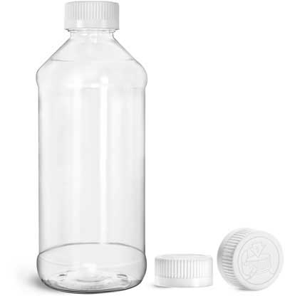 16 oz  Clear PET Modern Round Bottles w/ White Child Resistant Caps
