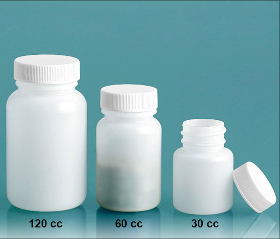 Plastic Laboratory Bottles, Natural Pharmaceutical Rounds with White Lined Screwcaps