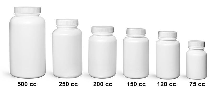 Plastic Laboratory Bottle, White Pharmaceutical Rounds with White Lined Caps