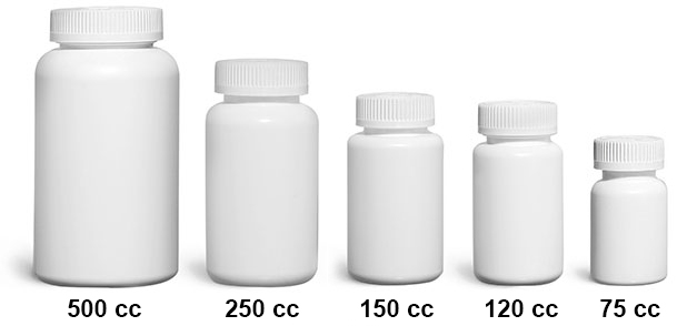 Plastic Laboratory Bottles, White HDPE Wide Mouth Pharmaceutical Round Bottles w/ White Child Resistant Caps            