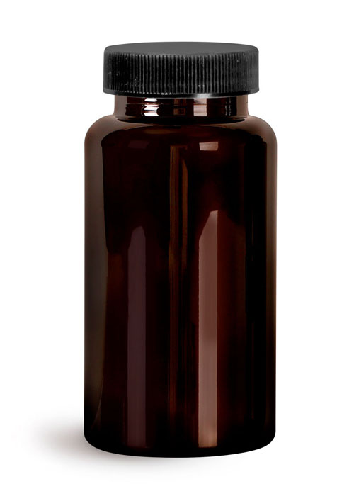 Plastic Laboratory Bottles, 150cc Dark Amber PET Wide Mouth Packer Bottles w/ Black Ribbed PE Lined Caps