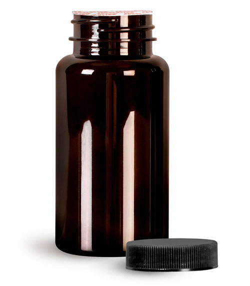 Plastic Laboratory Bottles, 150cc Dark Amber PET Wide Mouth Packer Bottles w/ Black Ribbed Induction Lined Caps