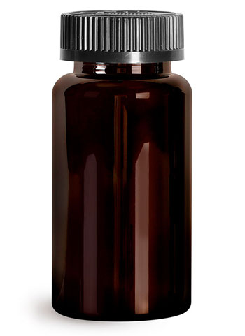 Plastic Laboratory Bottles, 150cc Dark Amber PET Wide Mouth Packer Bottles w/ Black Child Resistant Caps   
