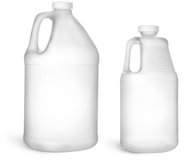 Natural HDPE Round Handle Jugs w/ White Ribbed Caps