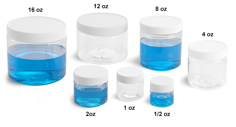 Clear PET Laboratory Jars w/ White Ribbed Unlined Caps